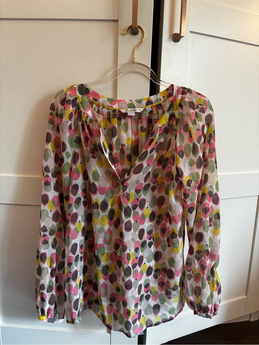 Boden Lightweight Polka Dot Long-Sleeve Blouse - Pink & Green Size 6